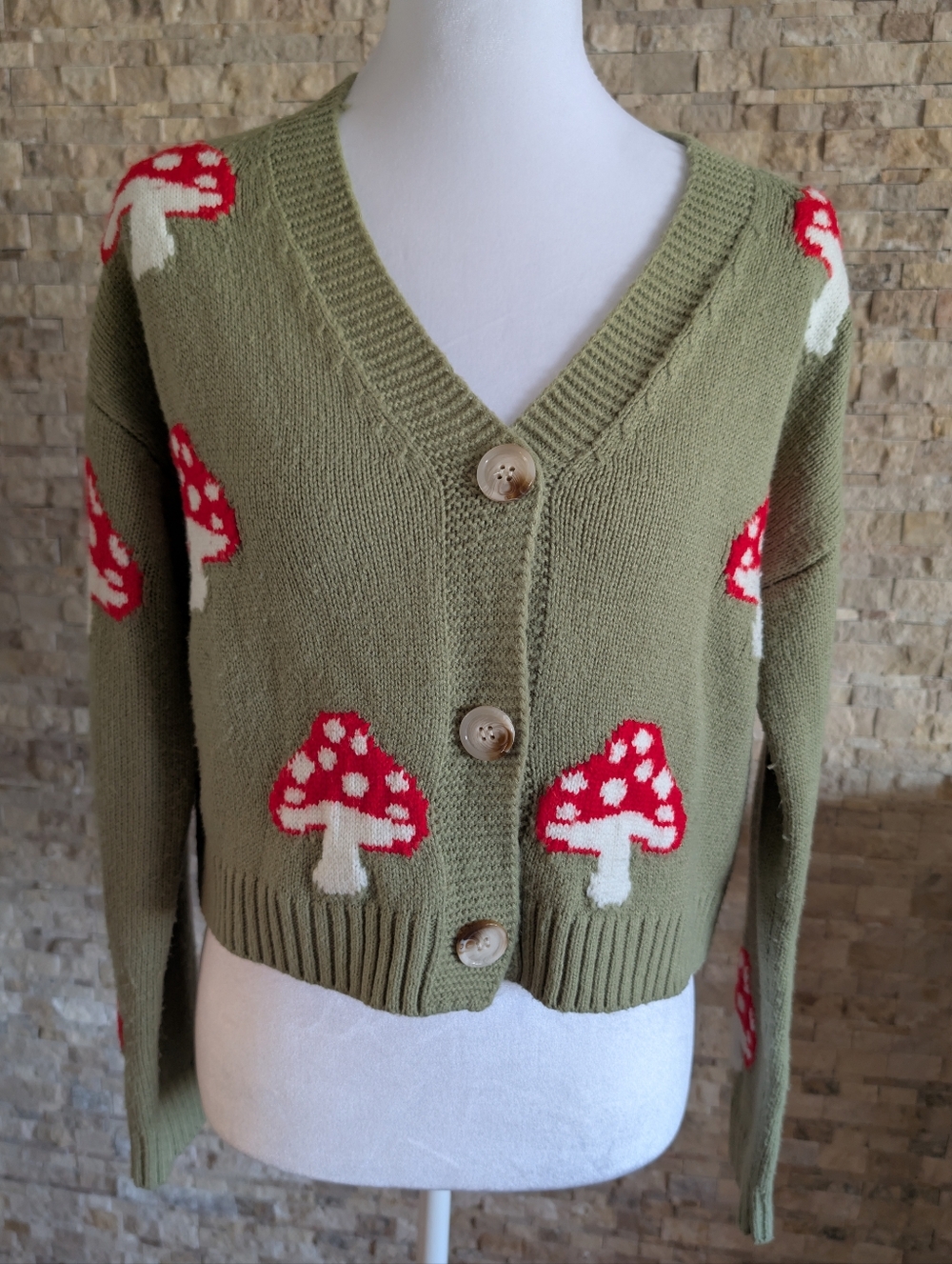 SHEIN Olive Green Mushroom Pattern Button-Up Cardigan